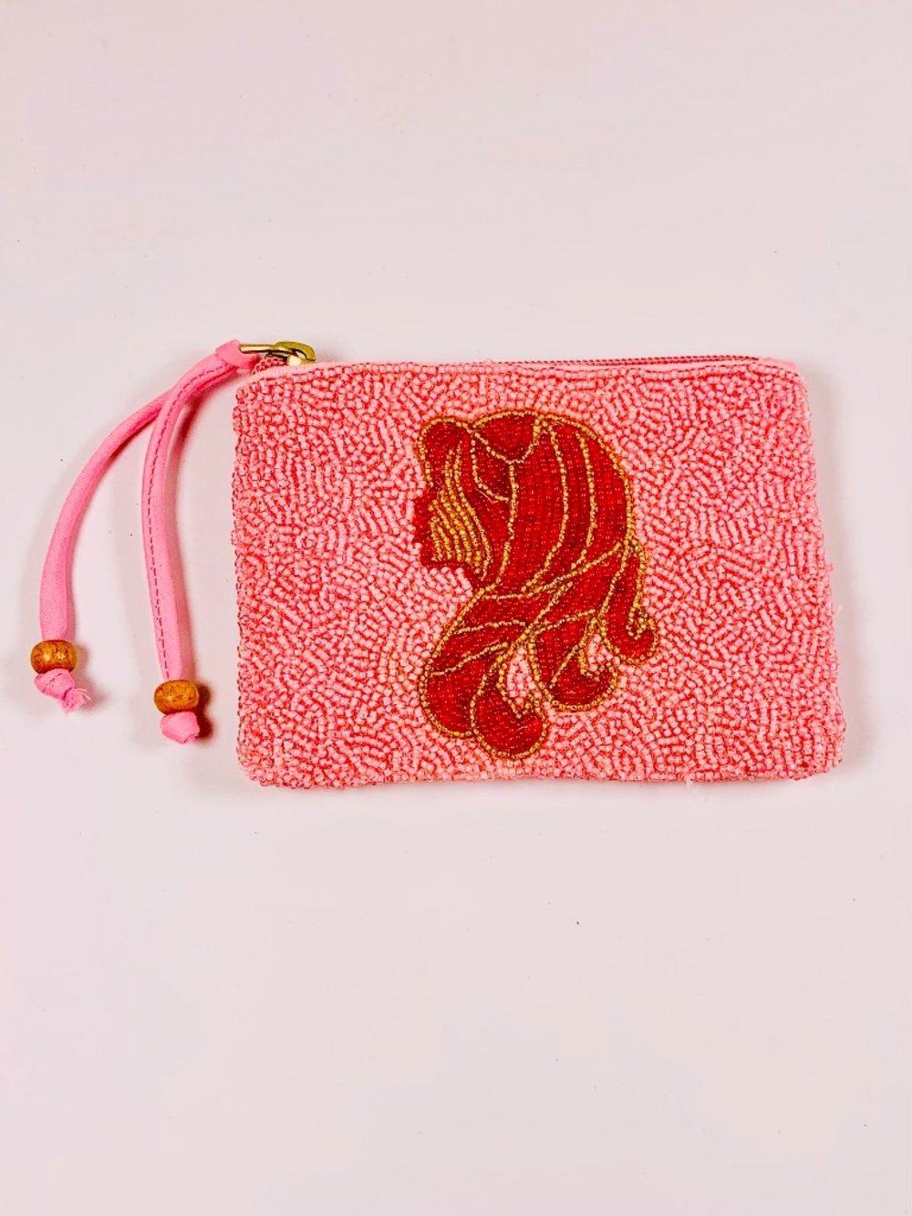 America & Beyond Pink Zodiac Virgo Seed Bead Zipper Coin Makeup Pouch Celestial